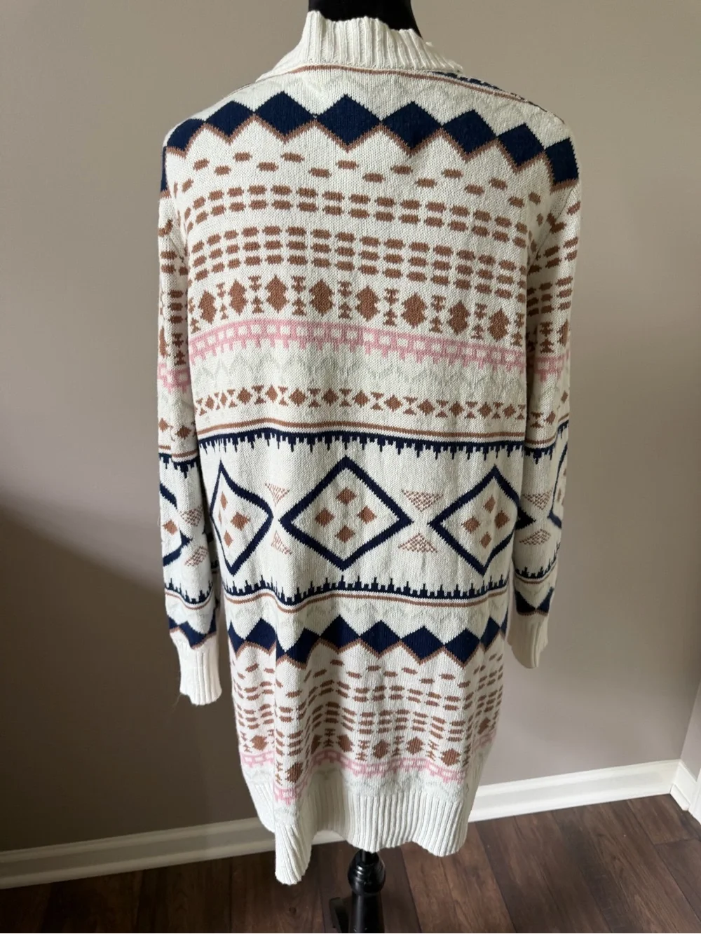 Serra NEW w/Tags Open-Front Ivory Geometric Knit Long Cardigan Sweater Large - Picture 7 of 8